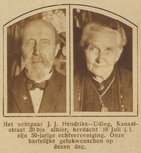 871333 Dubbelportret van het echtpaar Hendriks-Uding (Kanaalstraat 20) te Utrecht, dat 50 jaar getrouwd is.